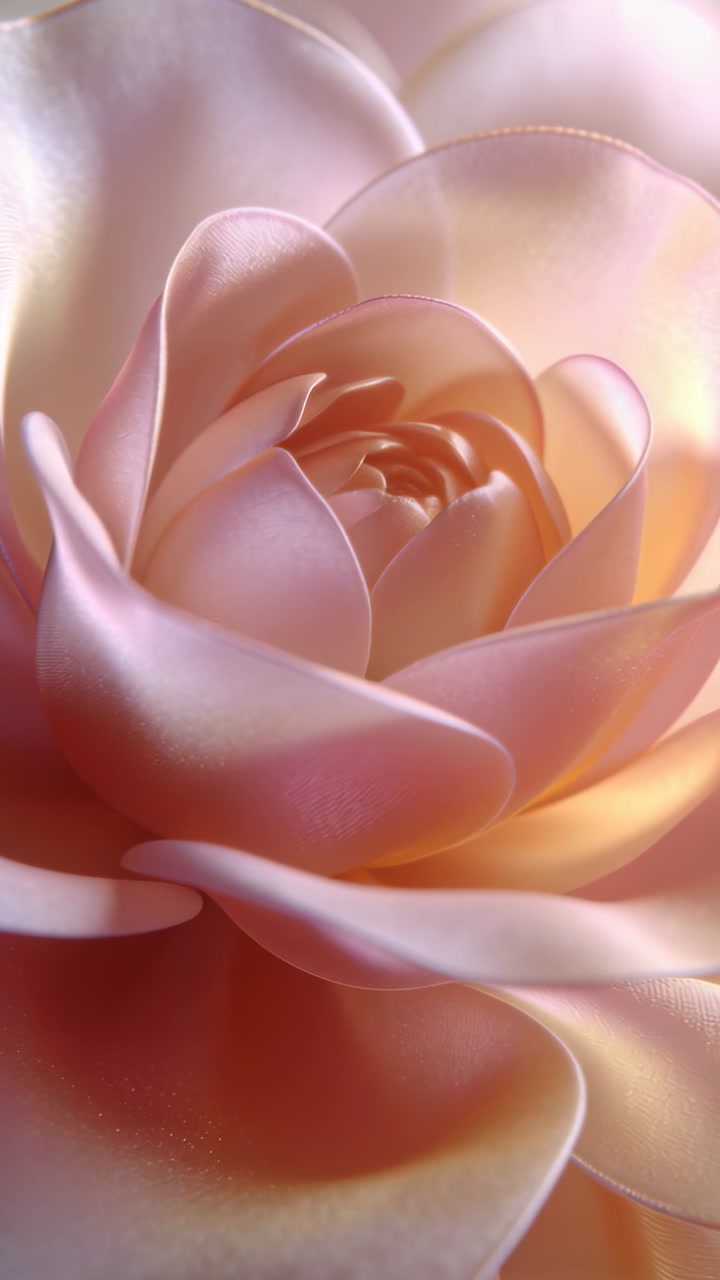 Vertical video: Gliding camera moving toward pale-pink rose center in studio, revealing central bud