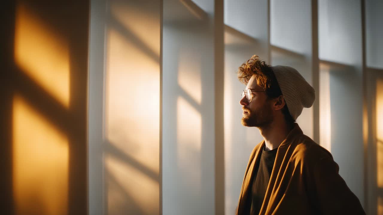 Contemplative Moment in Golden Light: A Young Man Lost in Thought, Gazing Out of a Sunlit Window, Surrounded by Soft Shadows and Warm Tones that Create an Atmosphere of Tranquility and Reflection