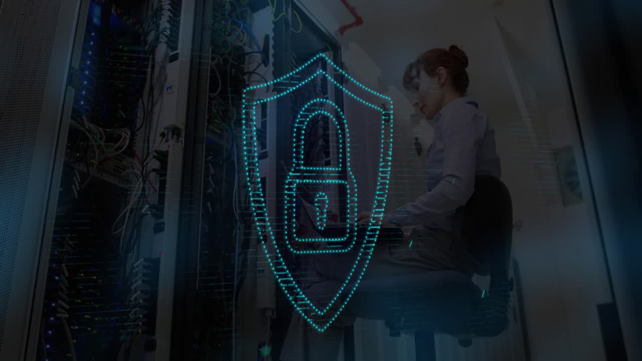 Security padlock icon against woman using laptop in server room