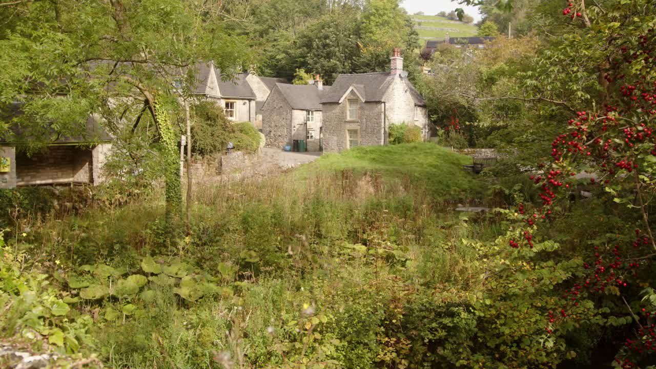 wide shot looking at the village of milldale through trees taken from Viator's Bridge