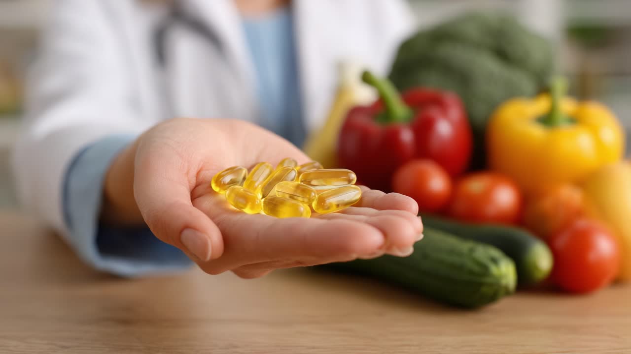 Un appassionato di salute dimostra l'importanza degli integratori alimentari, concentrandosi su verdure fresche colorate e capsule di Omega-3 in mano