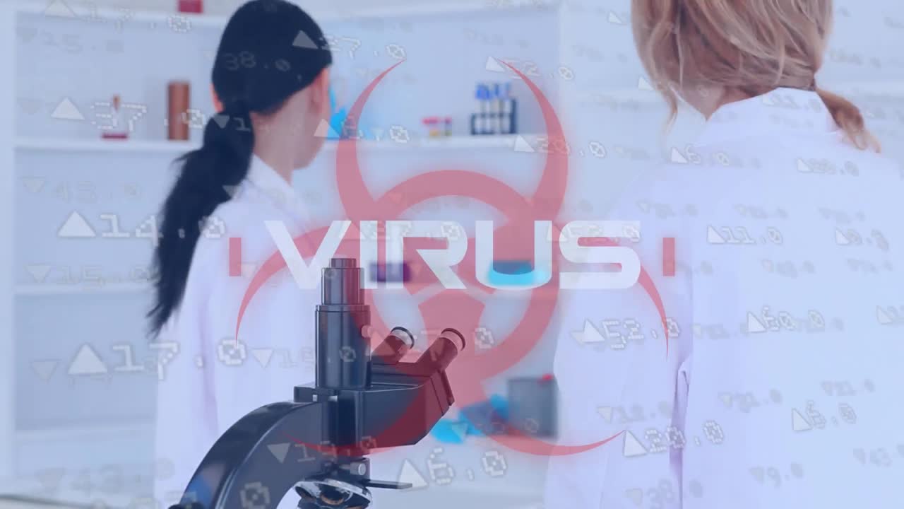 백그라운드에서 일하는 과학자들과 함께 건강 위험 표지판 위에 쓰여진 바이러스 단어 covid19 코로나