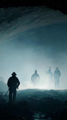 miners exploring an underground tunnel with ambient light