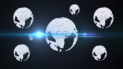animation of 6g text glowing over globe icons with blue light effect