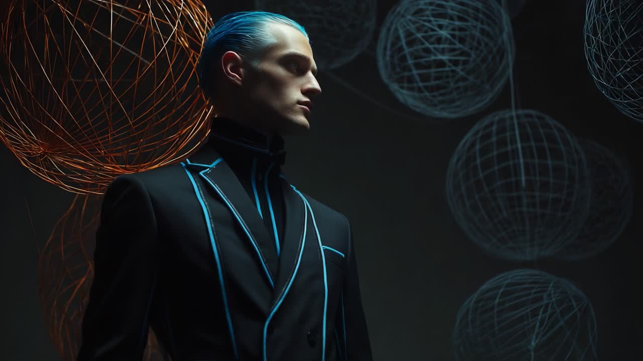 A striking fashion portrait highlighting a model with vivid blue hair, showcasing a futuristic suit design against an artistic backdrop of interactive spherical shapes and multicolored light patterns