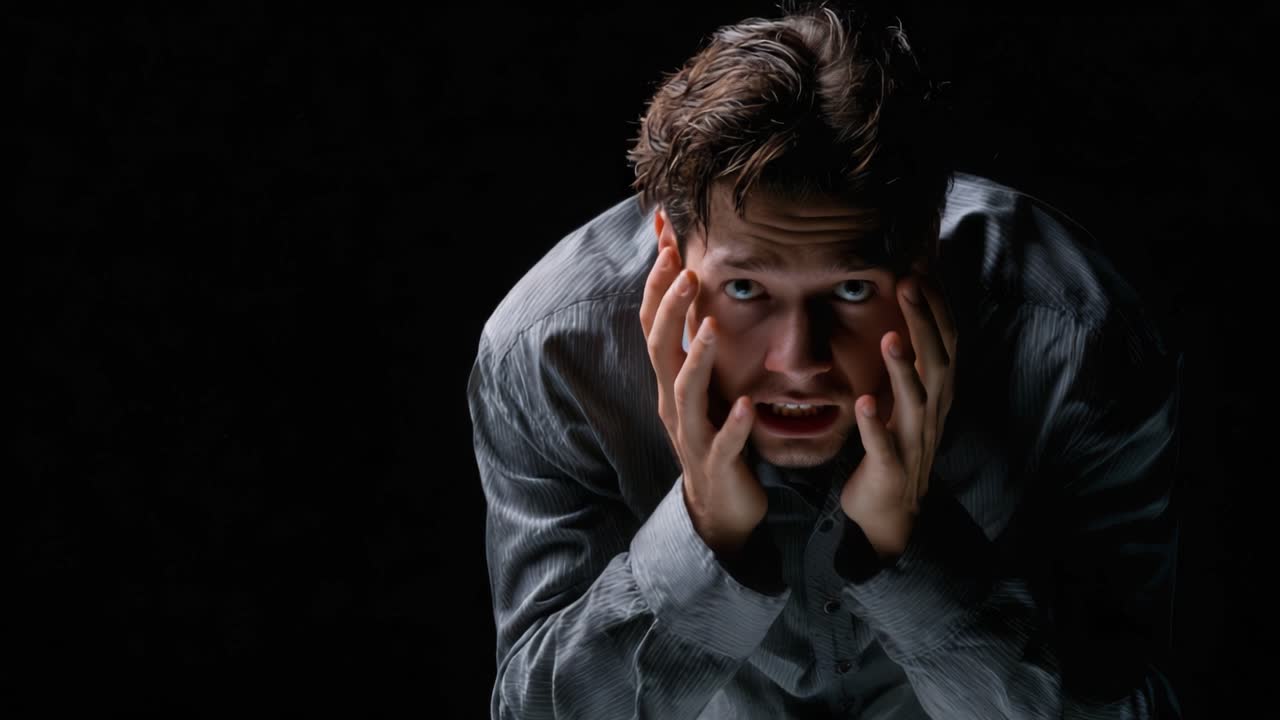 A Distressed Man Expresses Anxiety and Turmoil While Gripping His Face in a Dramatic Contrast of Light and Shadow, Capturing a Moment of Inner Struggle