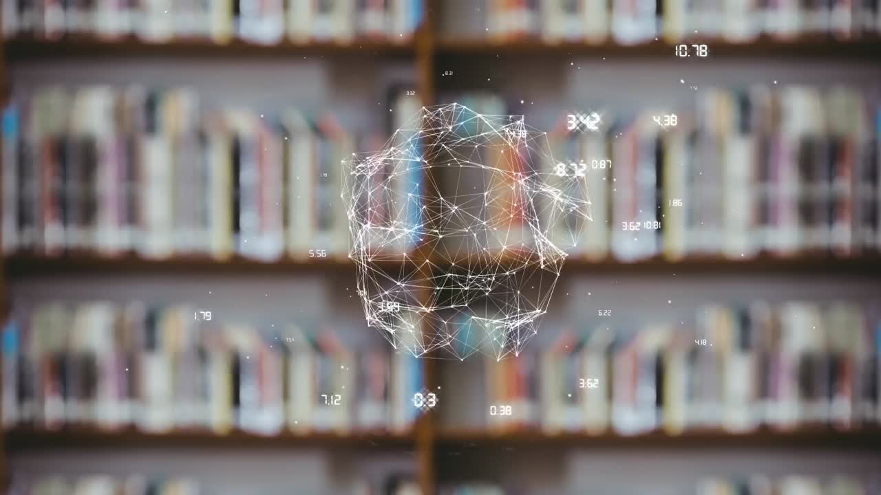 Animation of globe with network of connections over shelves with books in library
