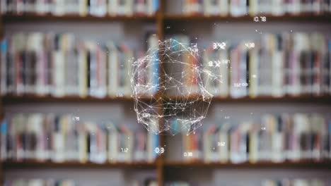 animación del globo con una red de conexiones sobre estantes con libros en la biblioteca