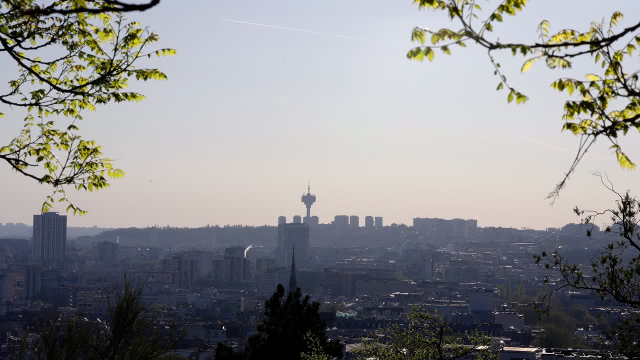 Wide angle view Panoramic Paris framed between branches from Montmartre during summer daylight.