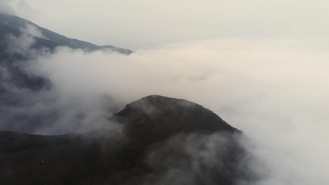 Drone Aerial Fly Volcanic Landscape of Japanese Kyushu Sakurajima above Clouds
