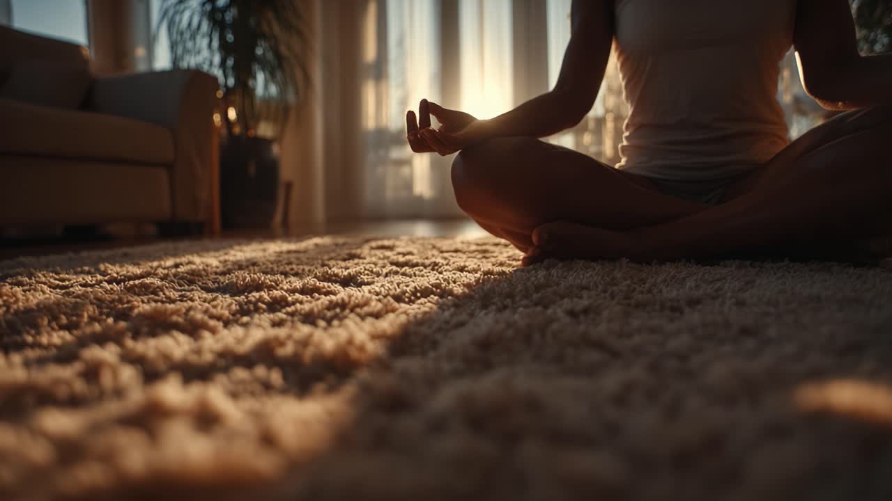 Un momento sereno di consapevolezza: meditazione tranquilla in un accogliente soggiorno con una calda luce naturale che evidenzia comfort e pace