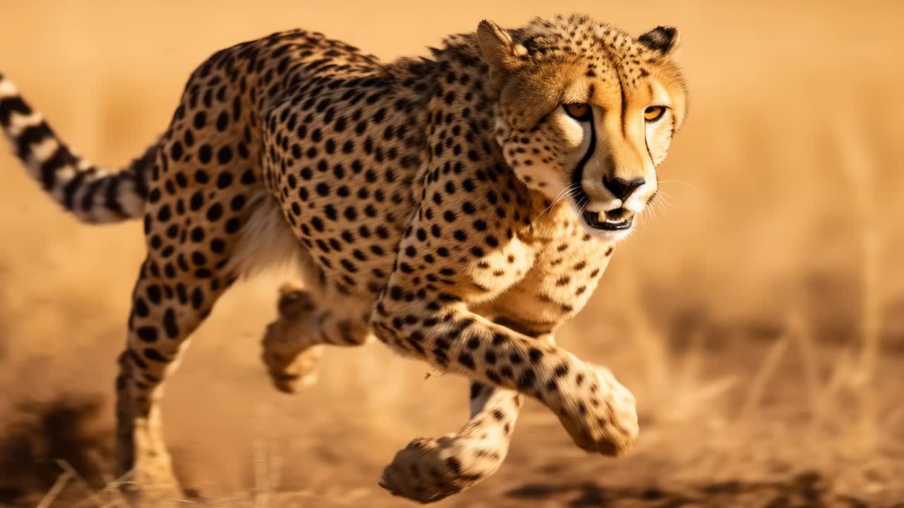 Dynamic low-angle shot of a cheetah running across a savannah, capturing its speed and grace