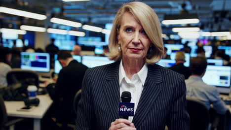 female news reporter delivering a report in a newsroom