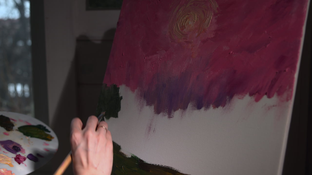 Caucasian Studio Artist Mixing Green Tones On Palette Then Applying To Canvas Closeup, Deliberate Hue . Media