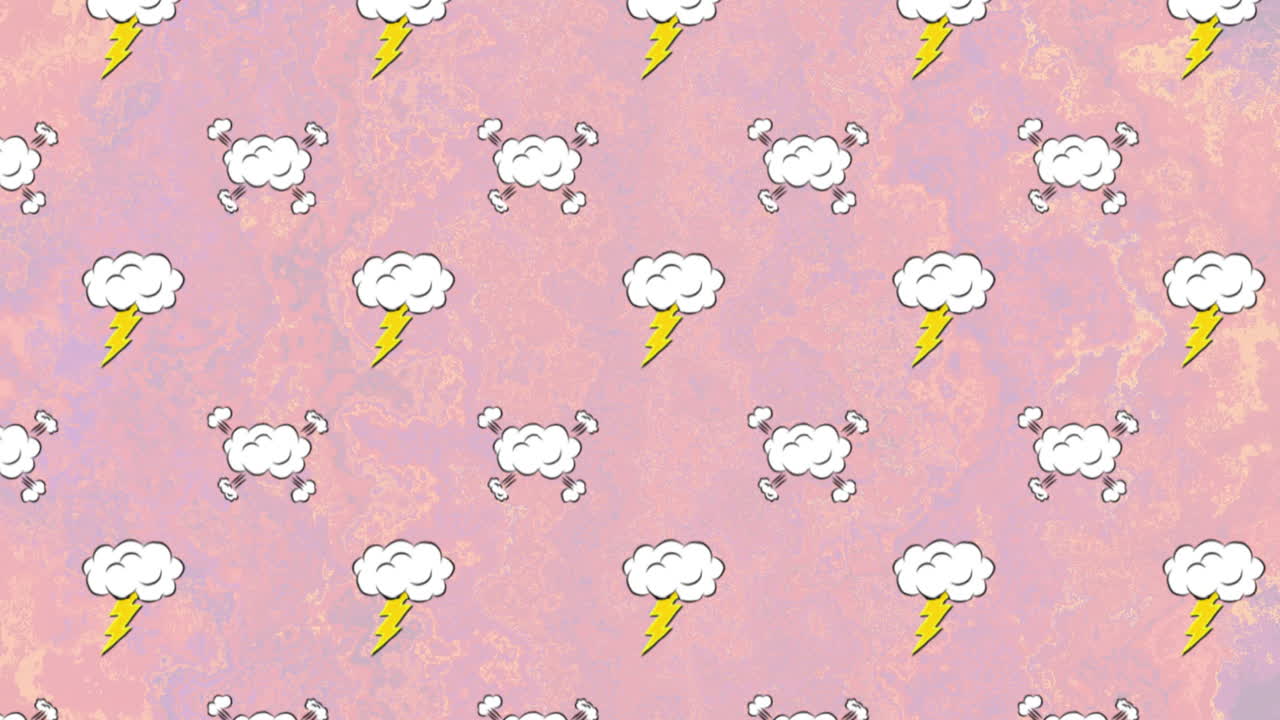 Clouds with lightning bolts and bones animation over pink textured background