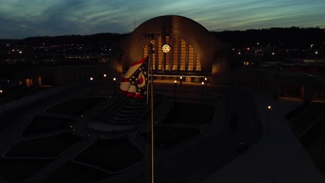 union terminal, cincinnati, at dusk, aerial drone train station and museum