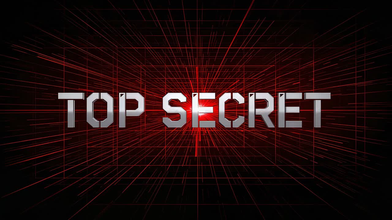Pulsing metal TOP SECRET text staying centered in red grid, lasers creating flare lighting letters