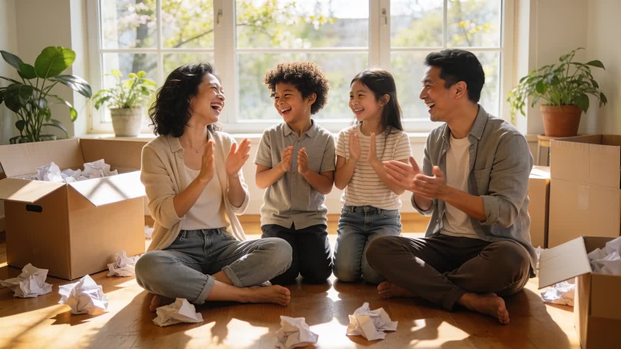 カジュアルな服とジーンズを着た家族が拍手しながら、日当たりの良い床の上で段ボール箱と共に荷ほどきを終える。