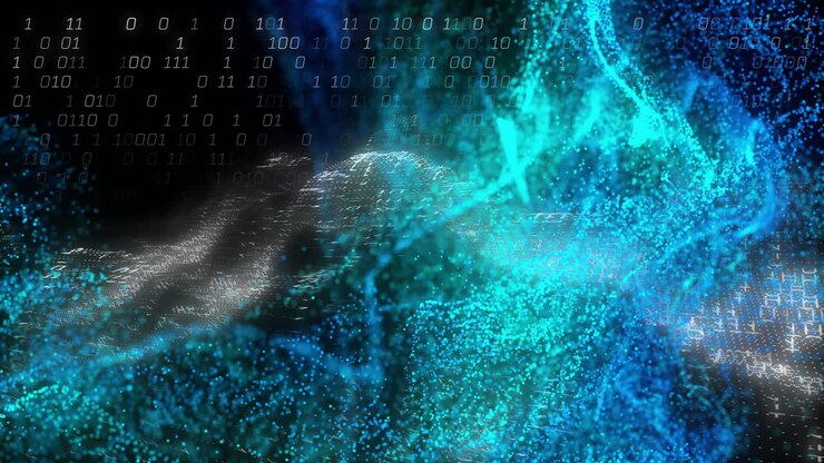 Glowing turquoise and cyan particles streaming right to left, 3D render with binary digits