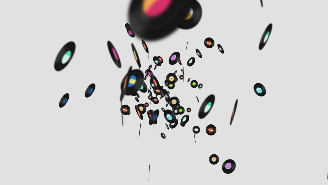 색 배경에 많은 비닐 레코드를 날아. 오래된 기술. 레트로 디자인. 음악 레코드 회전의 3d 애니메이션. 루프 애니메이션.