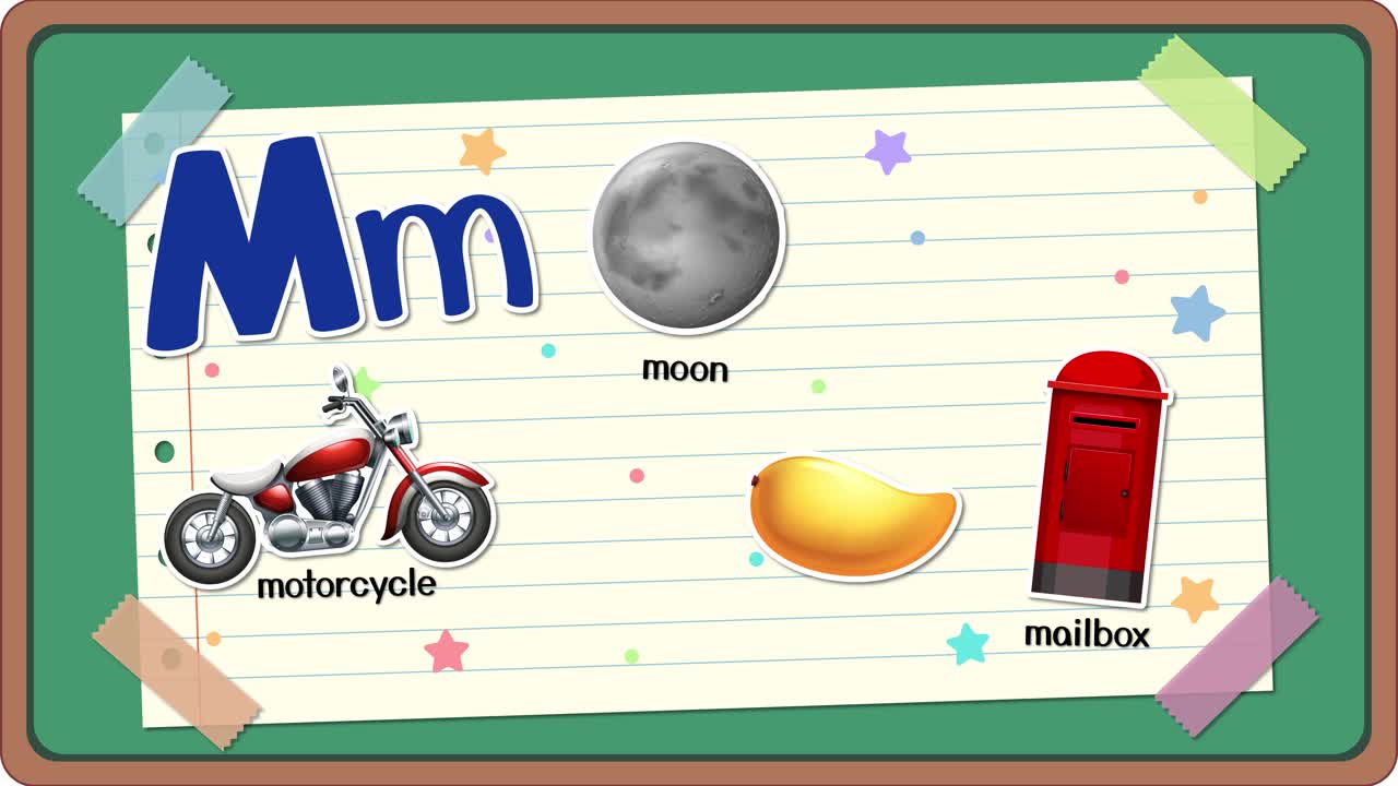 Lavagna animata mostra oggetti che iniziano con la lettera M, inclusi luna, moto, buca delle lettere, mango e microscopio