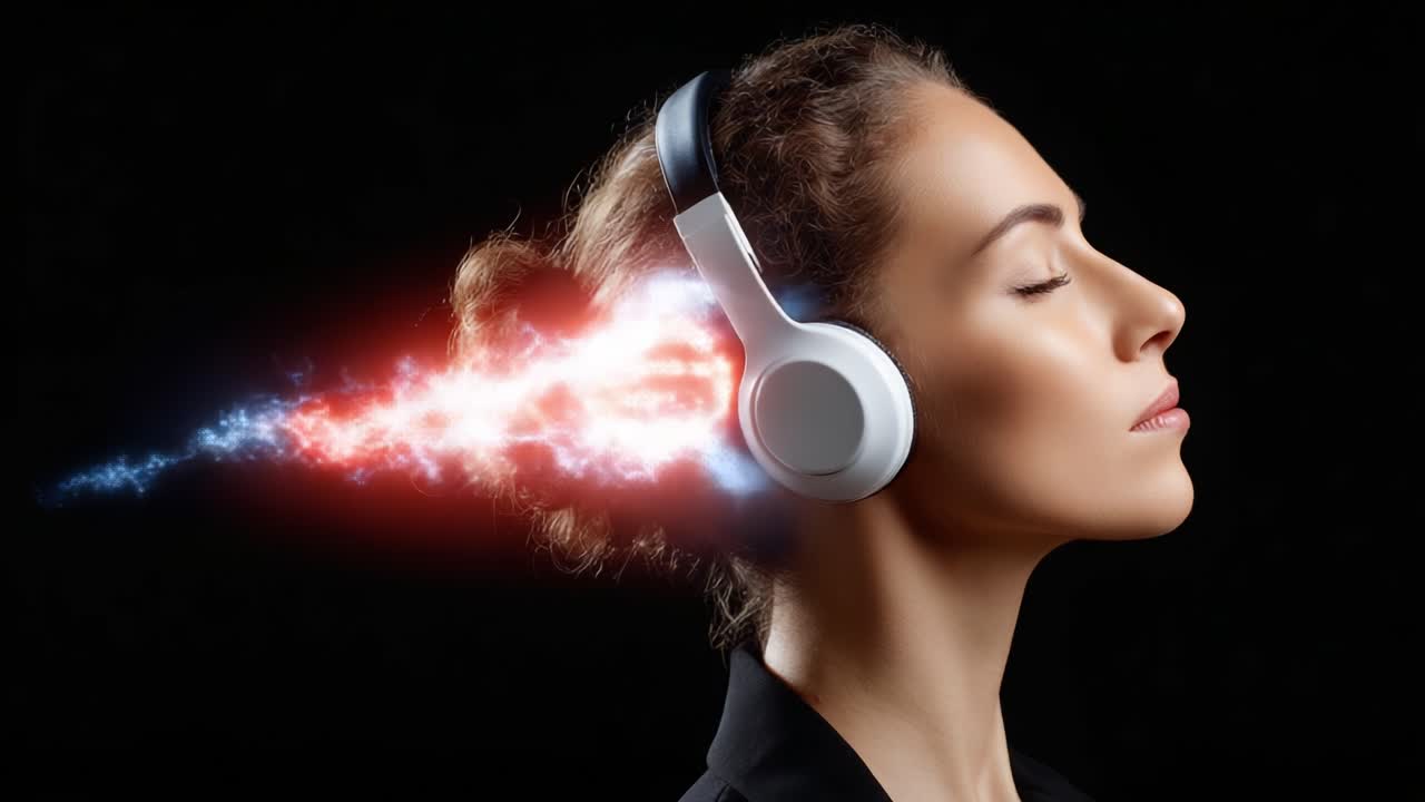 An Enchanting Fusion of Sound and Emotion: A Captivating Woman Immersed in the Auditory Experience of Music, Merging Reality with Sonic Impressions
