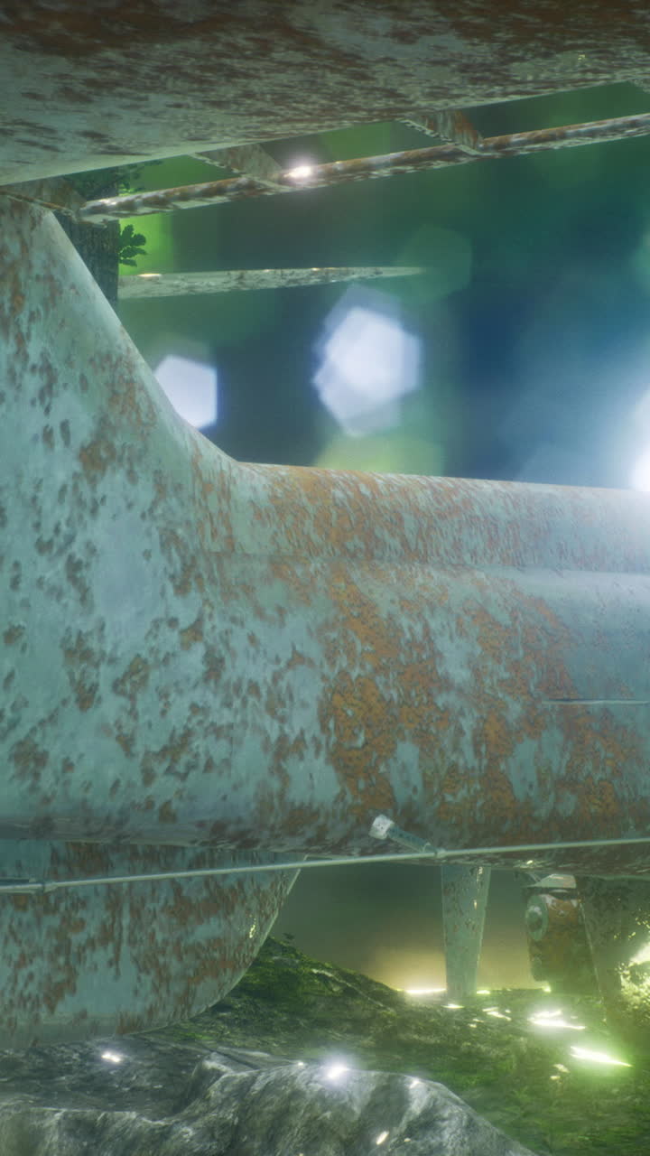 Rusting helicopter rests quietly among vibrant lush greenery at dusk