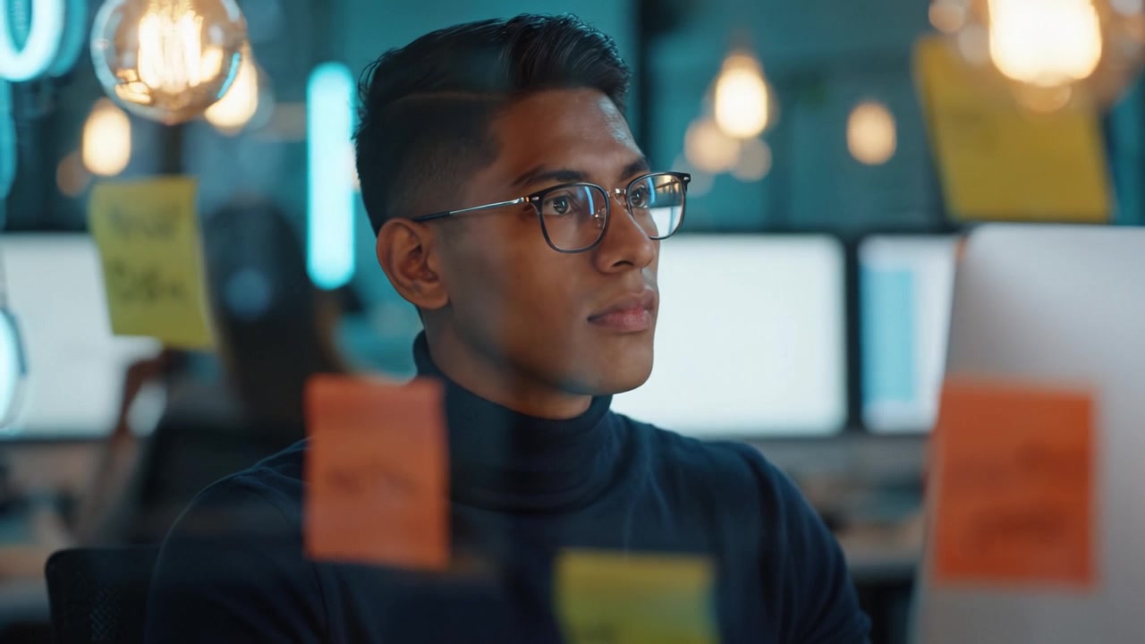 Focused Individual Working at a Desk Surrounded by Sticky Notes in a Modern Office Environment with Ambient Lighting and Computer Screens in the Background