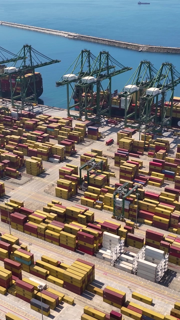 Container terminal shows various shipping containers stacked in organized rows. Cranes operate to load and unload containers from a large cargo ship. This is vital for global shipping activities.