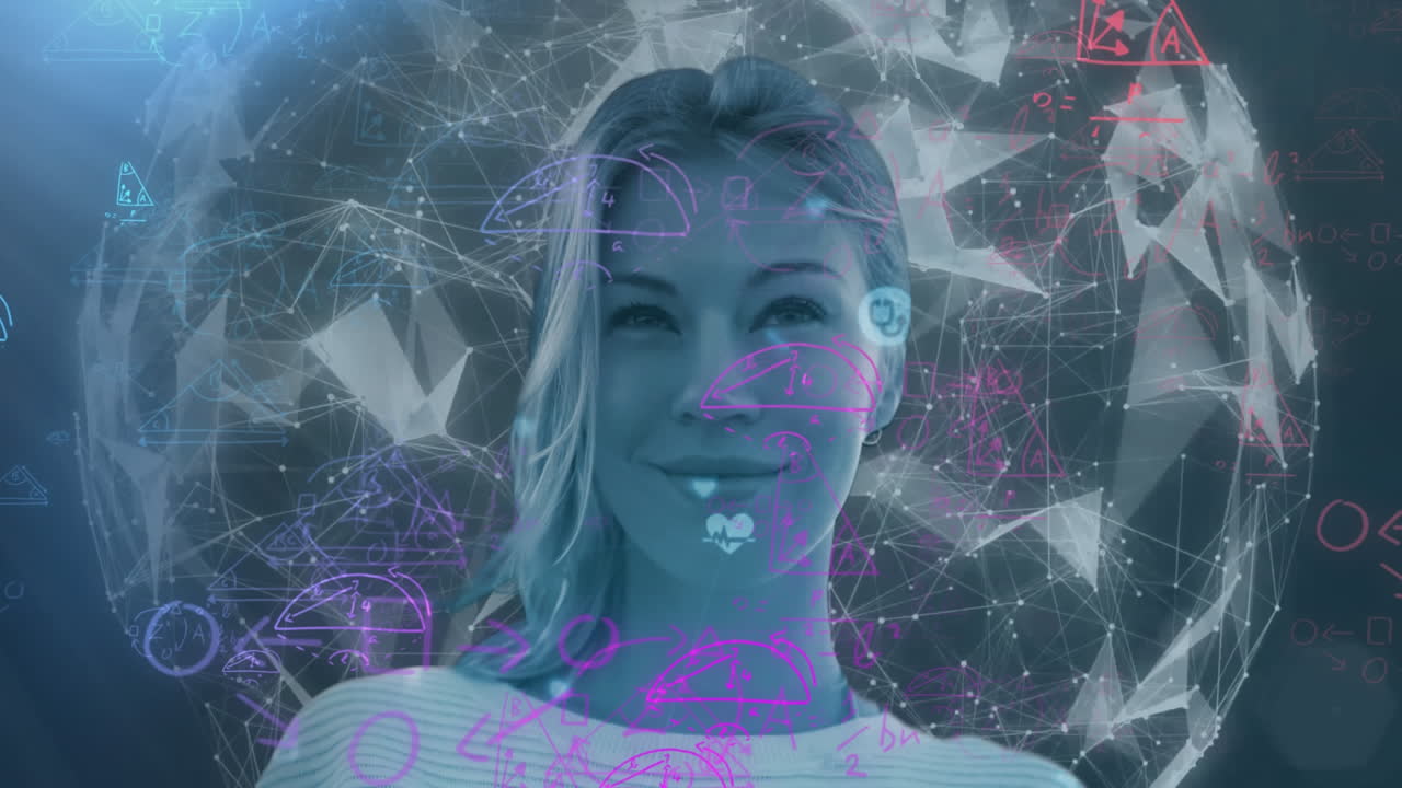 diagramas matemáticos sobre la mujer sonriendo contra el globo de redes de plexo