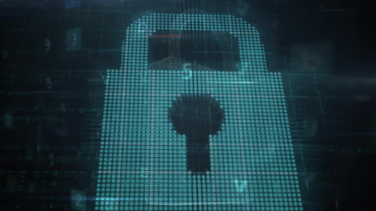 animación de puntos que forman un candado sobre textos, letras, símbolos y números en un fondo abstracto