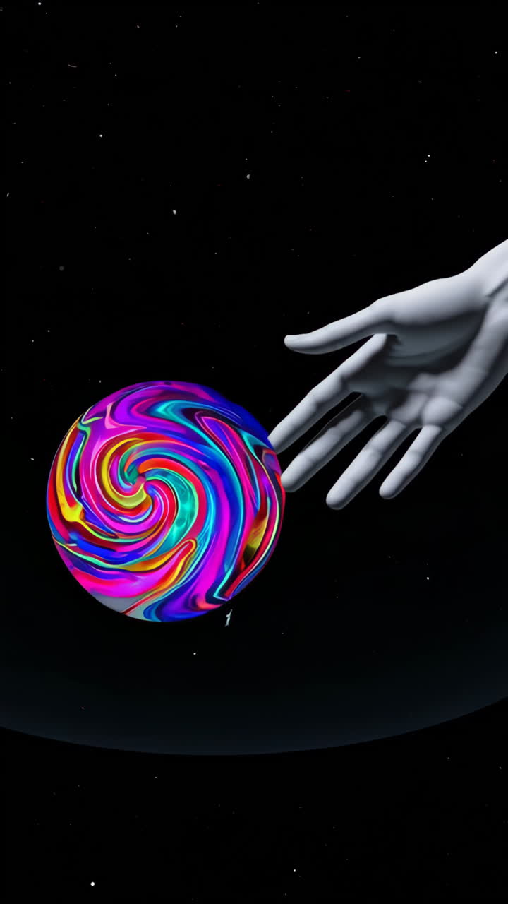 Abstract Hand Reaching for a Swirling Colorful Orb in Space