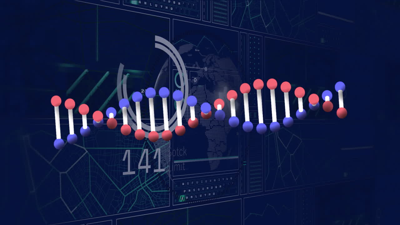 DNA strand with binary coding, processing scientific data in animation