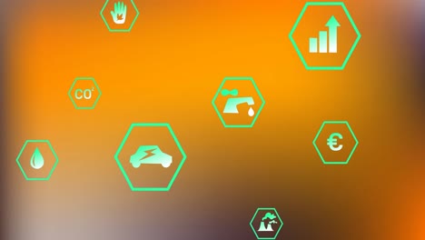 animation of ecology green icons with currency sign and graphs in hexagons on abstract background