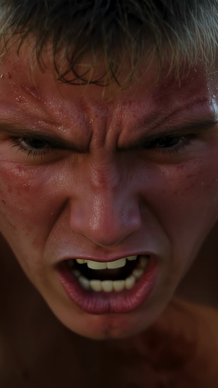 Grimacing adolescent male breathing heavily in tight close-up, with sweat and teeth visible