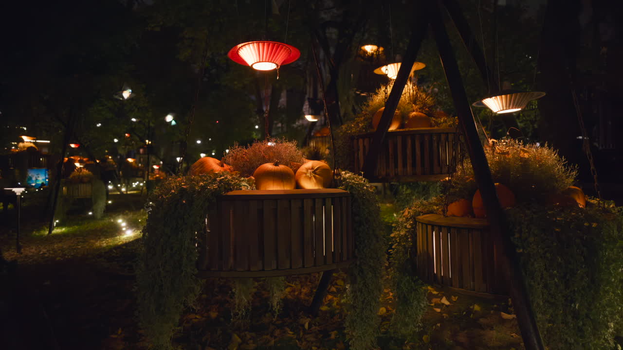 Halloween decorations in the Tivoli Gardens amusement park in Copenhagen, Denmark at night