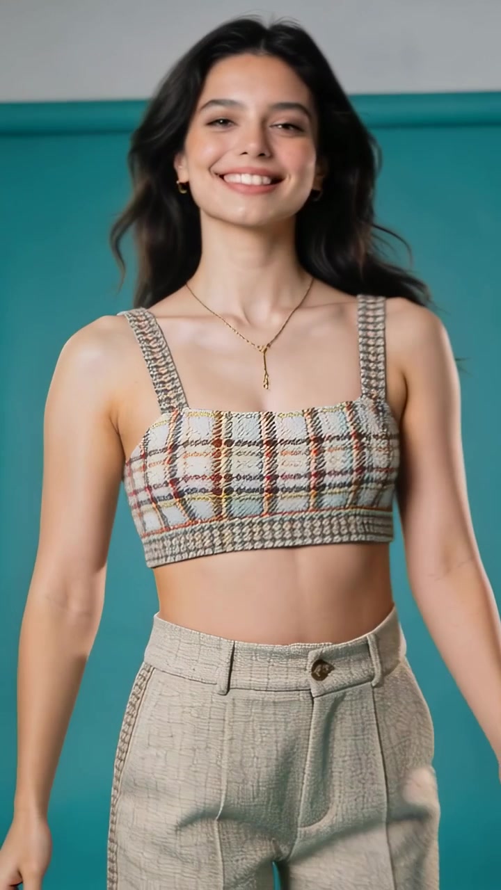 Vertical video: Camera rolling, model turning and smiling at teal backdrop, showing plaid top