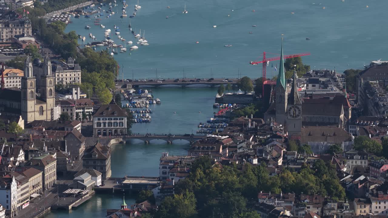 Aerial drone video of Zurich city views, Zurich Lake, cathedrals, skyline, and Limmat River