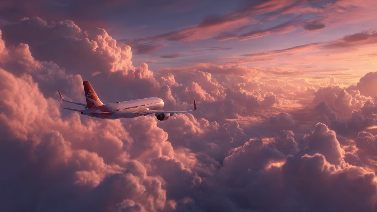Uma vista aérea impressionante de um avião deslizando graciosamente por um céu vibrante ao pôr do sol, repleto de nuvens fofas, capturando a essência da viagem aérea e da liberdade