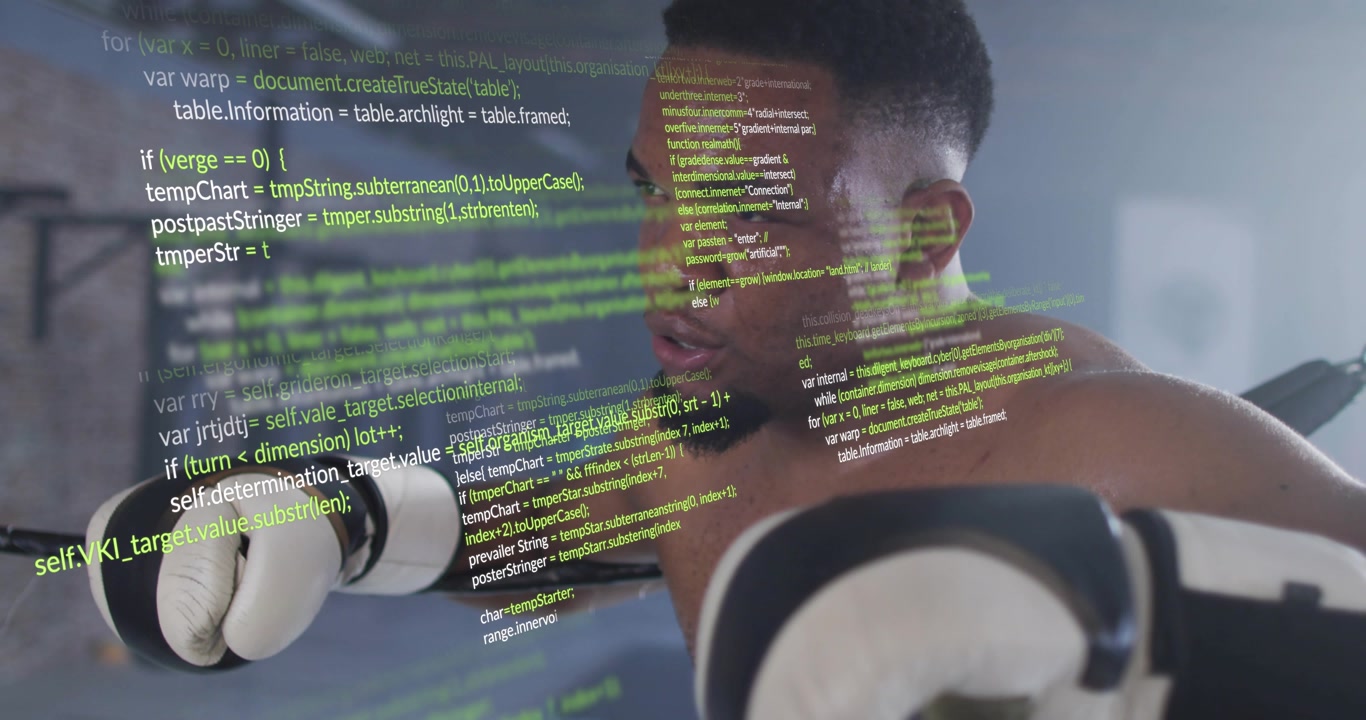 Male boxer leaning on ropes, breathing while tech code overlay scrolling across gloves for training