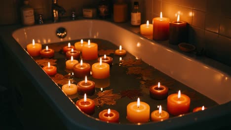 a cozy atmosphere created by warm candlelight reflecting in a luxurious bathtub filled with water and autumn leaves, perfect for relaxation and tranquility