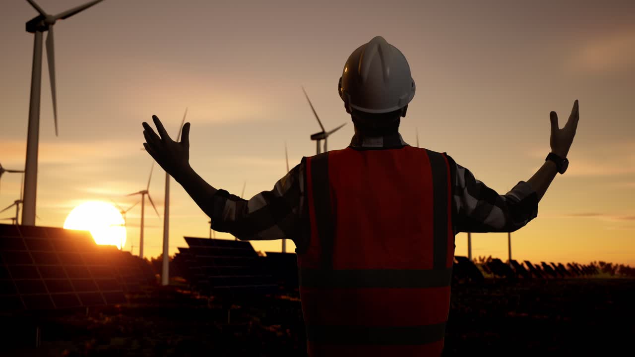 Engineer at a Renewable Energy Farm at Sunset