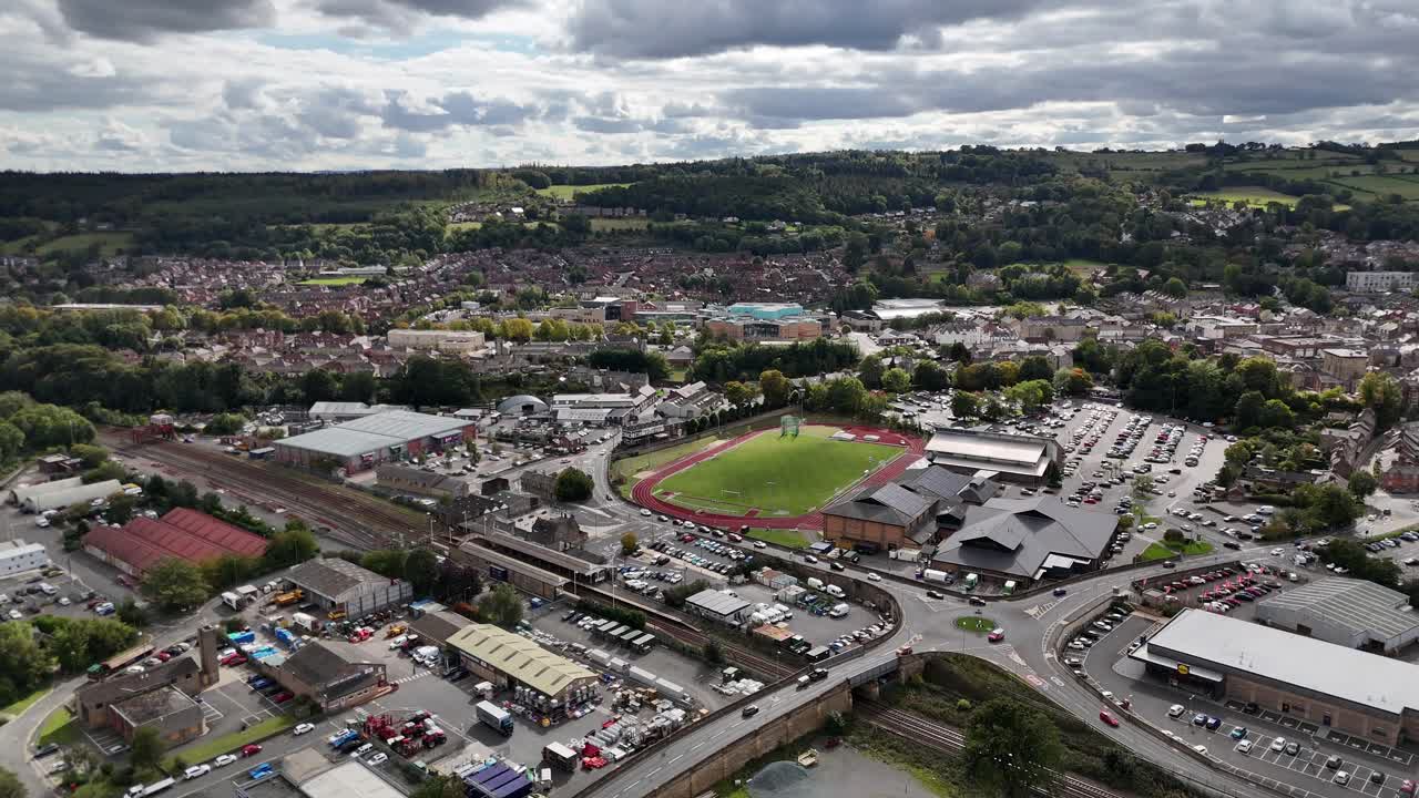 Aerial drone view bridge Hexham north east england northumberland market town city british uk Tynedale