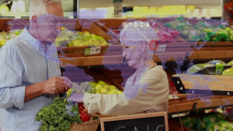 elderly couple shopping for vegetables with world map and data overlay animation