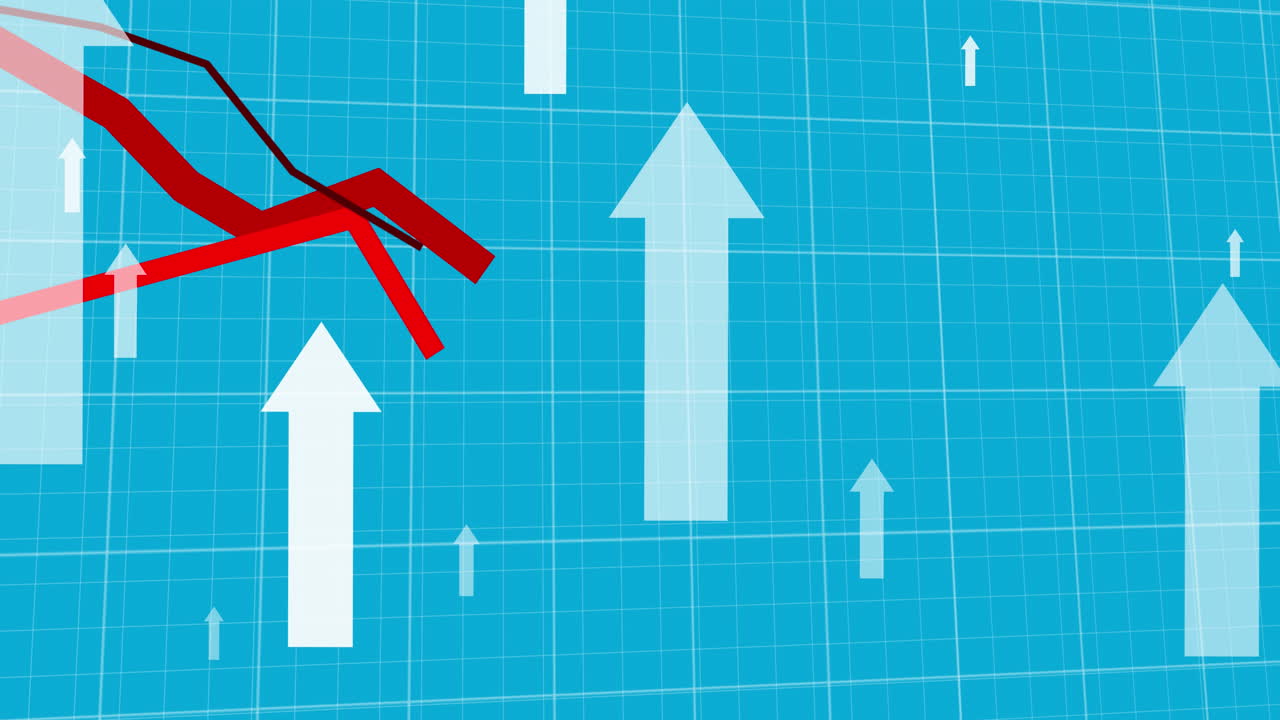 Animation of red lines and white arrows pointing up moving over grid on blue background