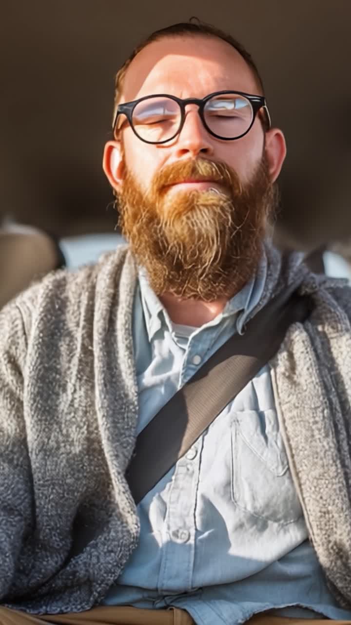 A Bearded Man in Glasses Captured in Two Moments Inside a Vehicle, Relaxing with a Calm Expression in the Driver's Seat While Wearing a Cozy Sweater