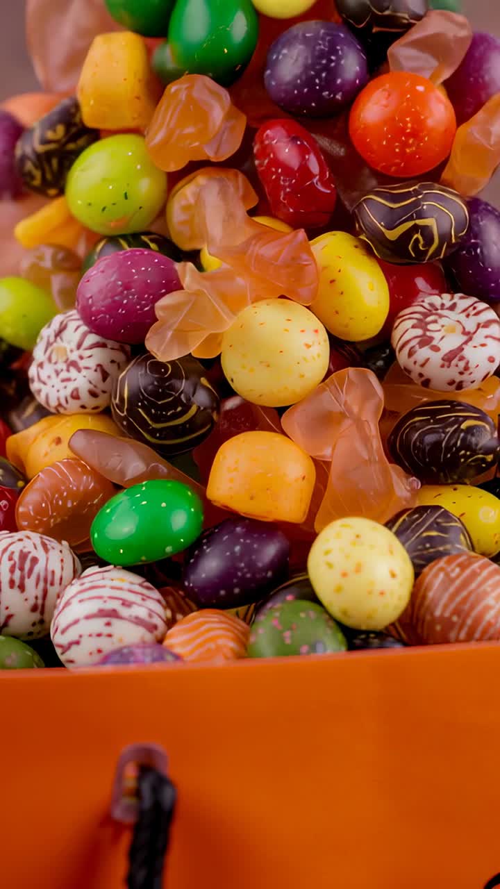 Vertical video: Pouring candies building heap in orange tabletop tub, chocolates, gummy fish