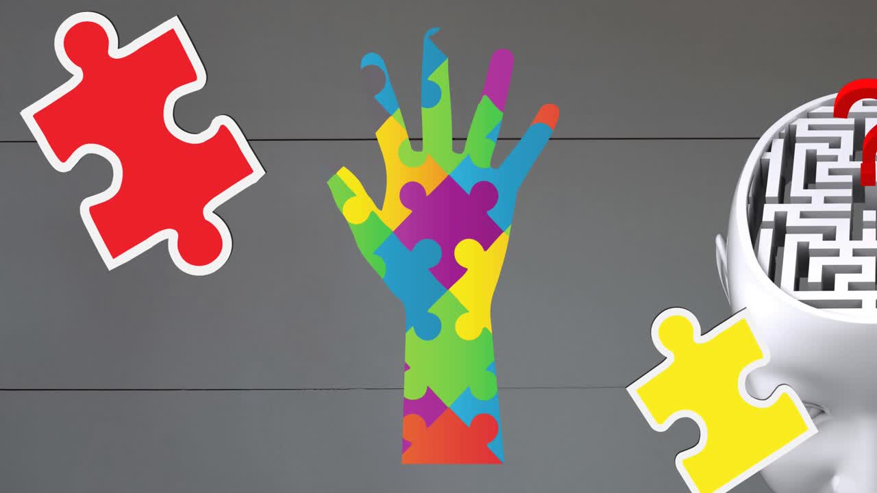 animación del mes de concienciación sobre el autismo piezas de rompecabezas coloridas que forman la mano y el cerebro con laberinto