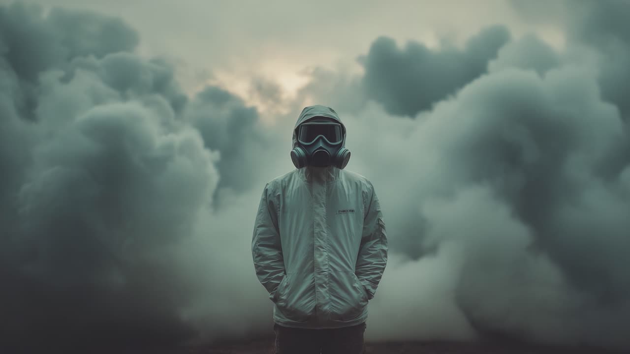 Osamělá postava v plynové masce stojí uprostřed vířících oblaků kouře, vytvářející atmosféru tajemství a intrik v pusté krajině.