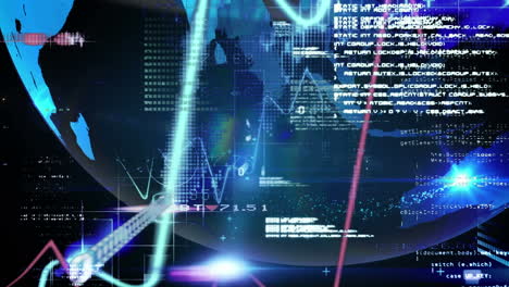 animación digital del procesamiento de datos financieros contra el giro del globo sobre un fondo azul